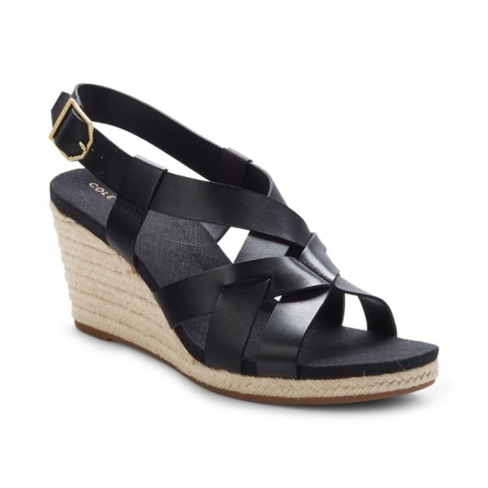 Cole Haan Crystal Leather Raffia Wedge Sandals Size 8